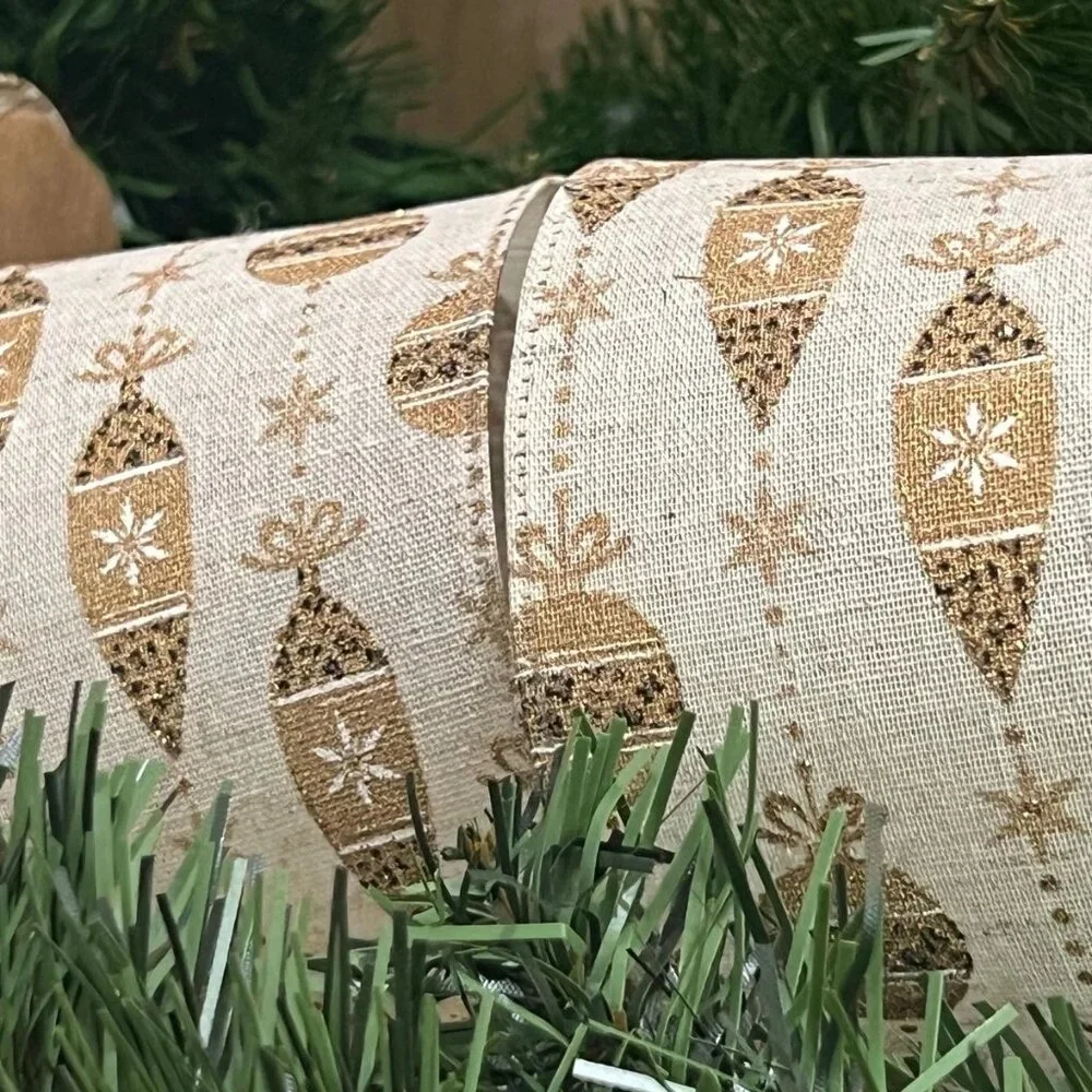 Gold Glitter Ornaments Wired Edge Ribbon 2.5 Inch Christmas Craft Supplies